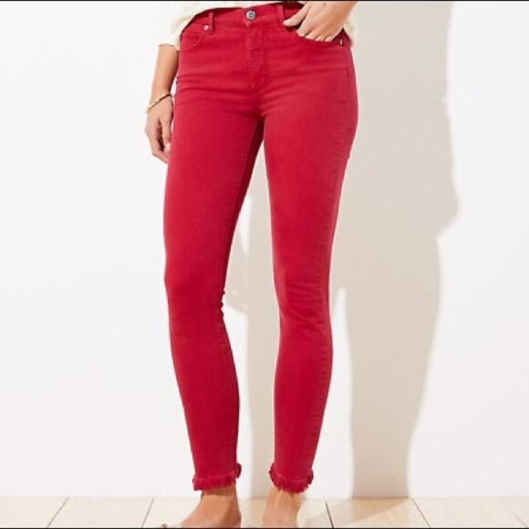 Ann Taylor Loft Wine Red Denim Modern Skinny Cropped Jeans w/ Raw Hem - Picture 9 of 9